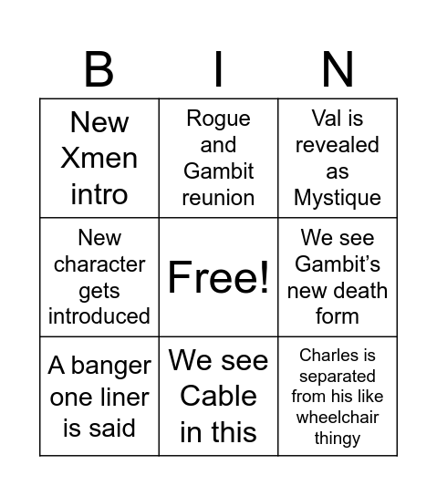 XMEN Bingo Card