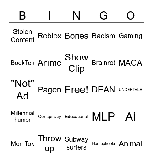 Tik Tok Bingo Card