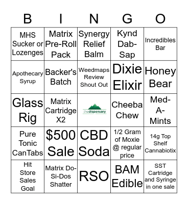 The Dispensary Budtender Bingo Card