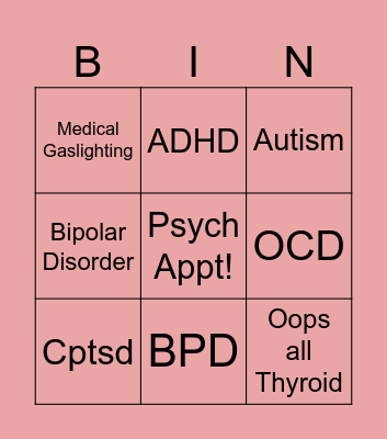Megan Psych Diagnosis Bingo Card