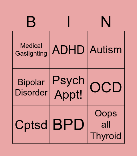 Megan Psych Diagnosis Bingo Card