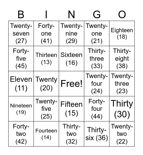 Bingo numbers and letters Bingo Card