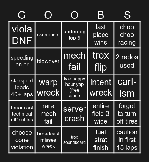 BPNR S9 Daytona 200 Goobs Bingo Card