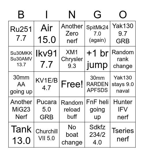 Heavy Cavalry Br Change Bingo Card