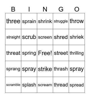 scr/spl/spr/str/thr/shr Bingo Card