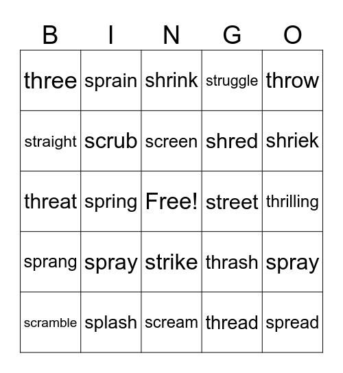 scr/spl/spr/str/thr/shr Bingo Card