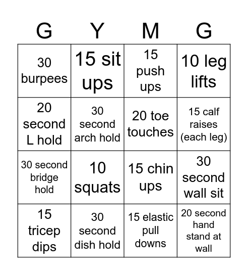 Gymnastics workout Bingo Card
