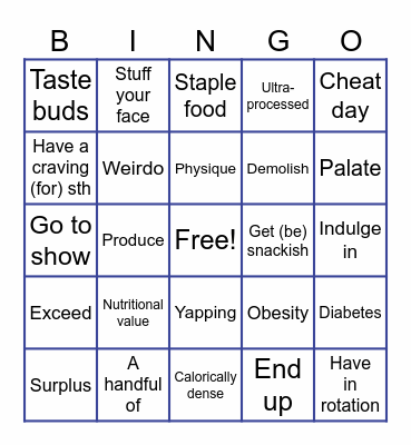 I Quit Junk Food for 30 Days Bingo Card