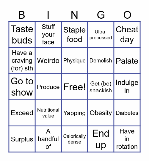 I Quit Junk Food for 30 Days Bingo Card
