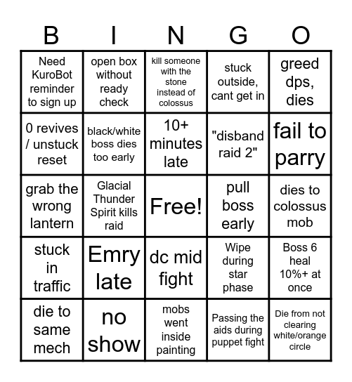 Raid 2 bingo Card