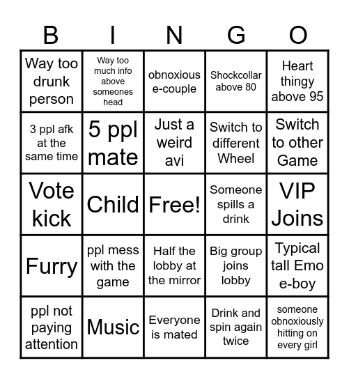 Vrchat Drinking Night Wheel Bingo Card