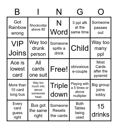 Vrchat Drinking Night Cards Bingo Card