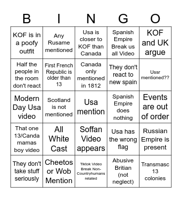 1700s BINGO Card