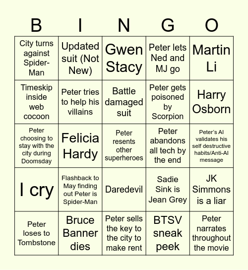 Spider-Man: Brand New Day Bingo Card