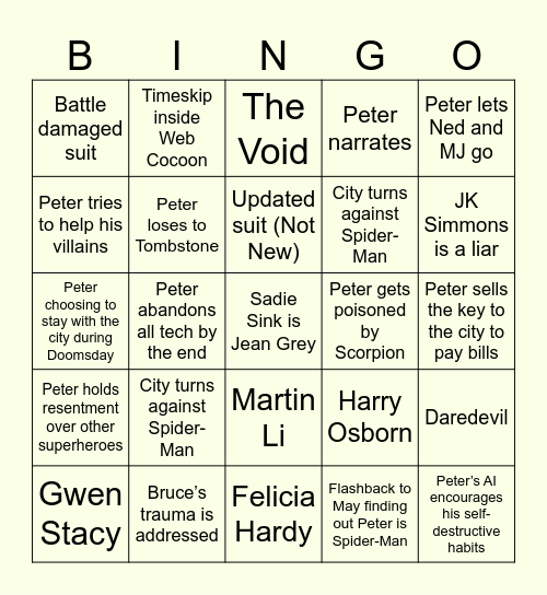 Spider-Man: Brand New Day Bingo Card
