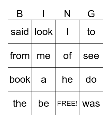 Heart Word Bingo Card