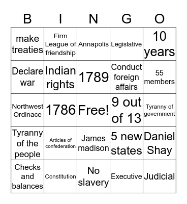 The Articles of Confederation Bingo Card