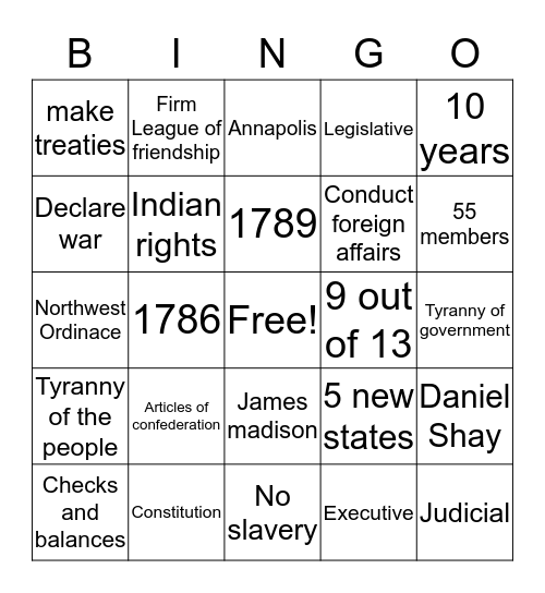 The Articles of Confederation Bingo Card