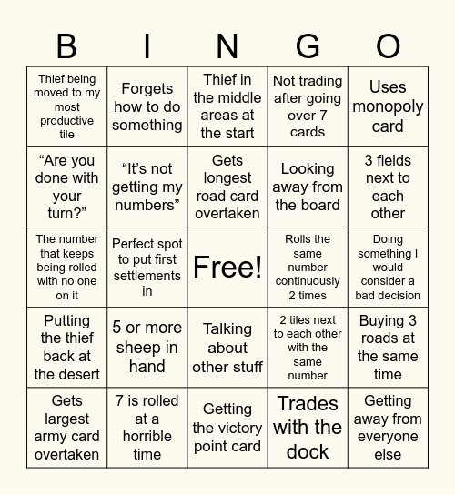 Catan Bingo Card