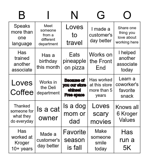 Kroger Bingo Card