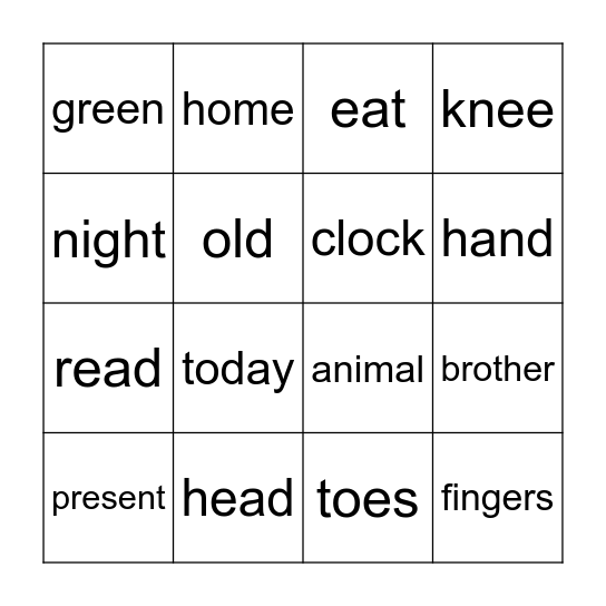 ENGLISH Bingo Card
