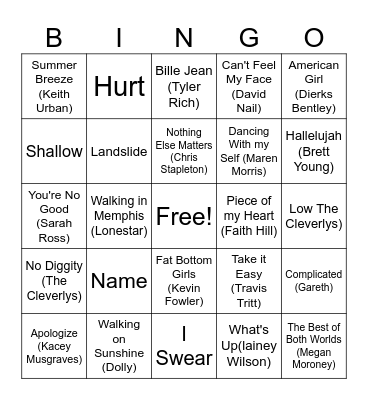 Country Covers Bingo Card