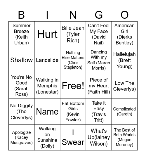 Country Covers Bingo Card