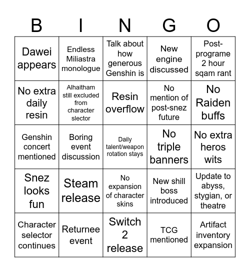 Special Programe Bingo Card