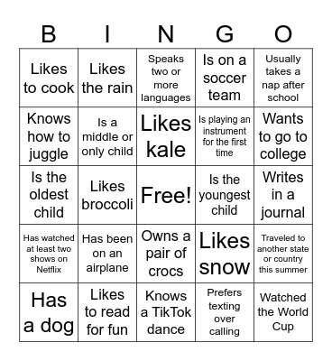 Band Camp Get To Know You BINGO! Bingo Card