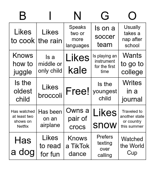 Band Camp Get To Know You BINGO! Bingo Card