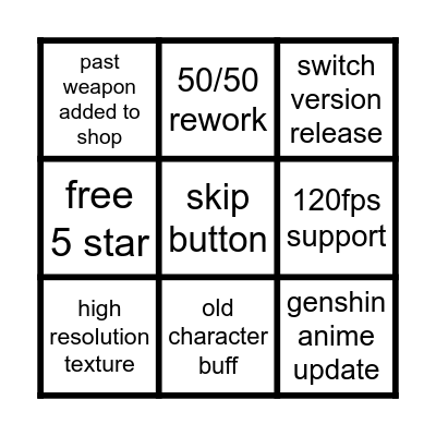 genshin 7.0 livestream bingo Card