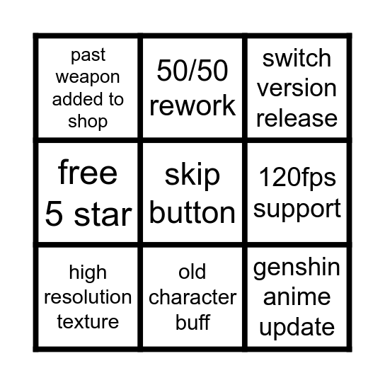 genshin 7.0 livestream bingo Card