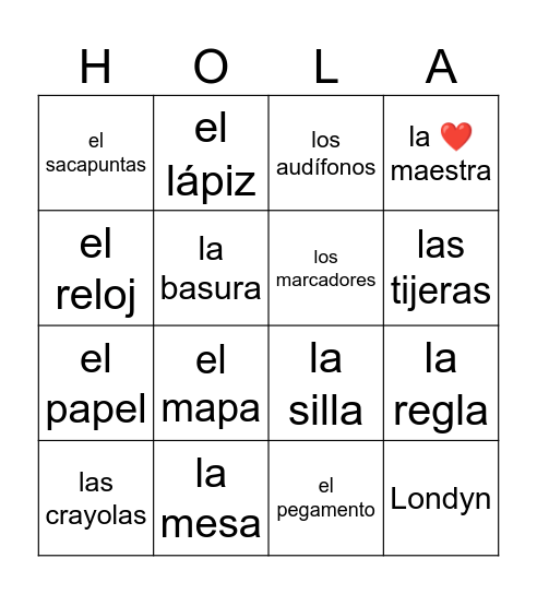 Mi clase de español Bingo Card