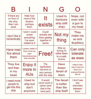 My stupid ship bingo Card