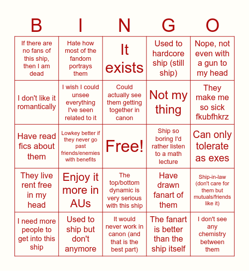 My stupid ship bingo Card