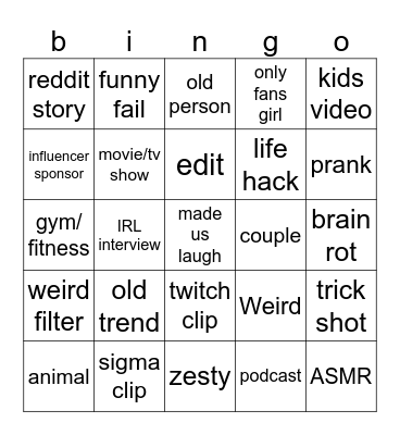Snapchat Spotlight Bingo Card