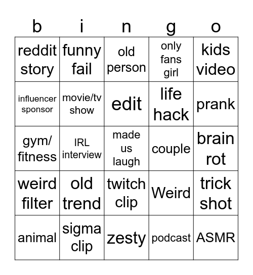Snapchat Spotlight Bingo Card