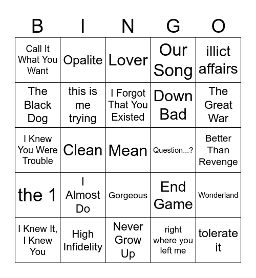 Taylor Swift Bingo #1 Bingo Card
