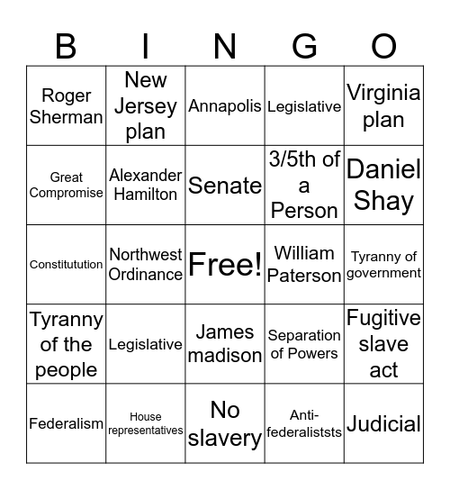 The Articles of Confederation Bingo Card