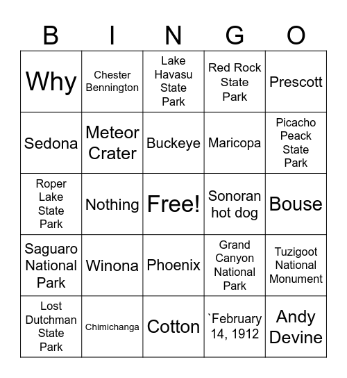 Arizona Bingo Card