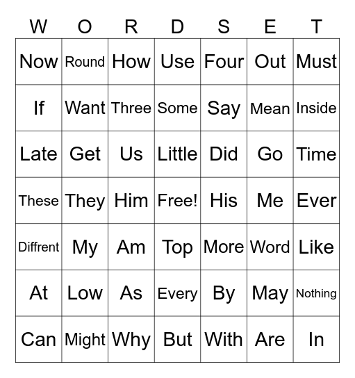 Sight words Bingo Card