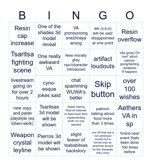 7.0 livestream Bingo Card