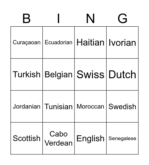Conutries and Nationalities Bingo Card