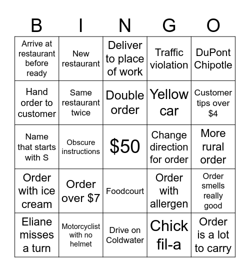 Door dash Bingo Card