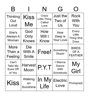 Love Song Bingo Card