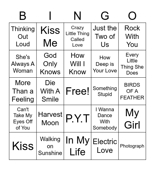 Love Song Bingo Card