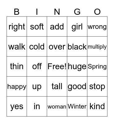 Antonym Bingo Card