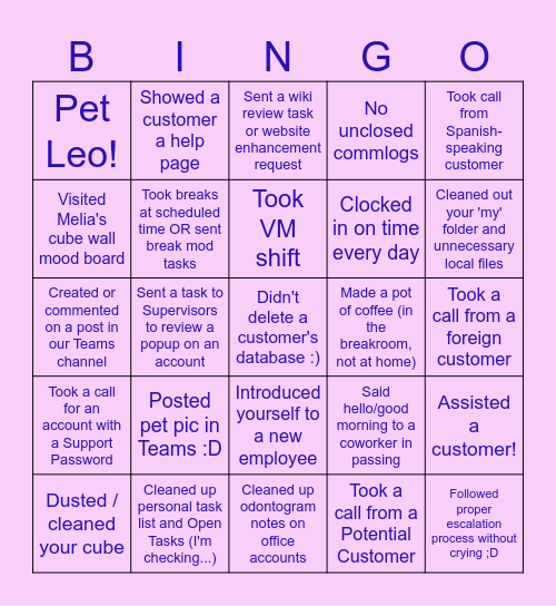 Team 2 Bingo! Bingo Card