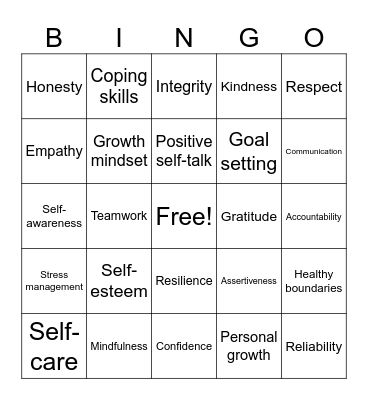 Sense of Self / Self-Esteem Bingo Card