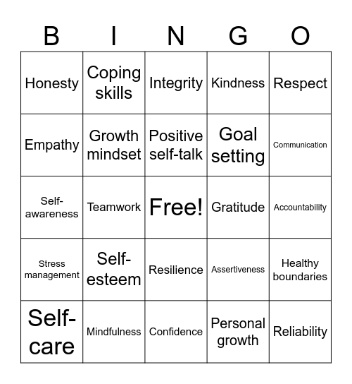 Sense of Self / Self-Esteem Bingo Card